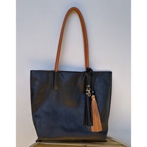 Vegan Leather‎ Tote Bag Black Brown Braided Handles Tassel Everyday Carry